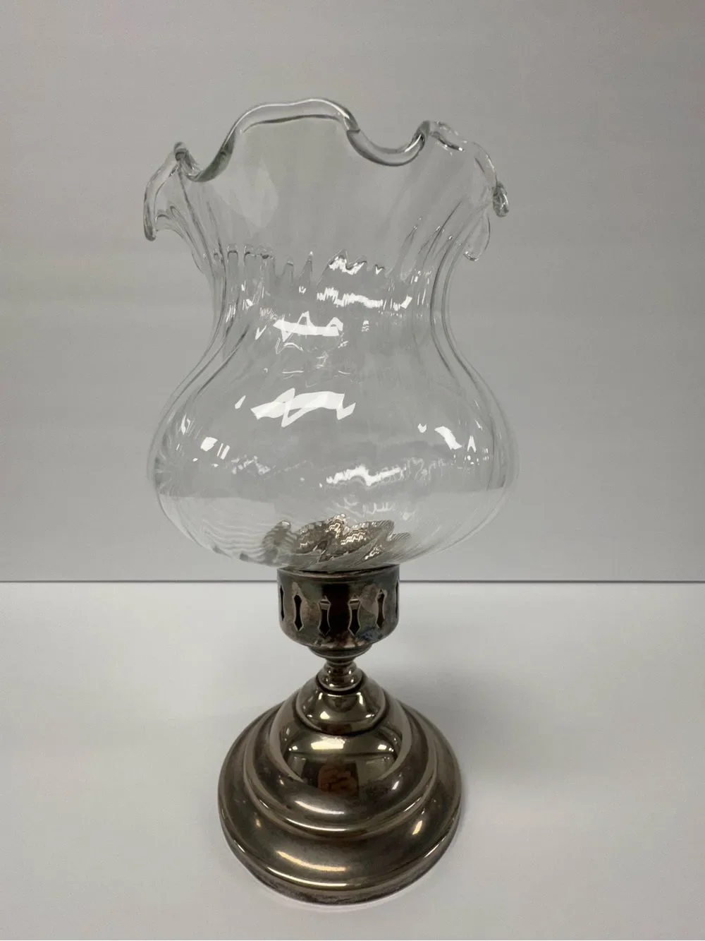 Towle Classic Clear Glass Hurricane Lamp with Silver Plated Base